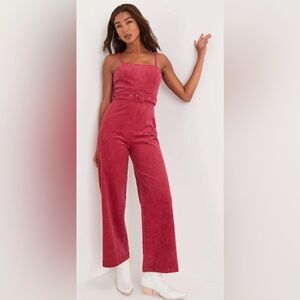 Seasonal Charm Berry Pink Corduroy Belted Wide-Leg Jumpsuit